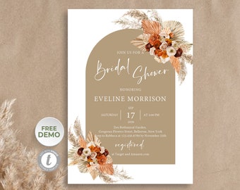 Terracotta Bridal Shower Invitation Template, Editable Bridal Shower invite, Burnt Orange Flowers, Beige Burgundy Roses, Rustic Arch  #138