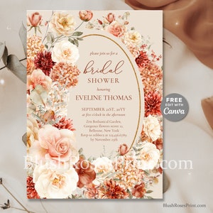 May include: A bridal shower invitation with a floral design in shades of peach, white, and burgundy. The invitation features the text "bridal shower" and "Eveline Thomas" in a gold oval frame. The text "September 21st, 20YY at five o'clock in the afternoon" is also included.
