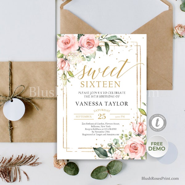 Blush Sweet Sixteen Invitation Template, Sweet 16th Invitation Printable, Pink and Gold Sweet Sixteen Invite, INSTANT DOWNLOAD FRTY16