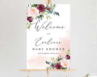 Burgundy and Blush Pink Floral Baby Shower Welcome Sign, Printable Large Format Sign poster, DIGITAL DOWNLOAD Boho Welcome Sign BBGW12