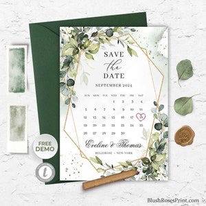 Greenery Eucalyptus Save the Date Template, Month Calendar Save the Date, Green and Gold Save the Date, Eucalyptus Foliage Faux Gold GFGF36