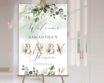 Plantilla de letrero de bienvenida de Eucalyptus Baby Shower, DESCARGA DIGITAL, Gold Letters Greenery Foliage Poster, Large Format Sign Green Gold GRFOL6