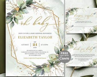 EDITABLE Greenery and Gold Baby Shower Invitation, Boho Eucalyptus Invitations DIY, Green and Gold Frame Baby Invite, Gender Neutral #62