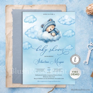 Bewerkbare slapende teddybeer baby shower uitnodiging, afdrukbare uitnodiging, blauwe beer uitnodiging sjabloon, blauwe hemel met wolken, TEMPLETT DIY
