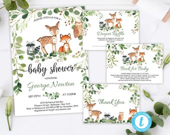 Woodland Animals Greenery Baby Shower Invitation Printable Template Editable With TEMPLETT Boy Baby Shower Invite INSTANT DOWNLOAD QXFR50