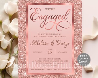Editable Rose Gold Engagement Invitation Template, We're Engaged,  Engagement Party Invite, INSTANT DOWNLOAD, Glamour Rose-Gold glitter #02