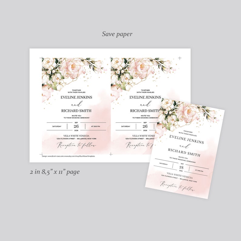 Blush Wedding Invitation Suite, DIGITAL DOWNLOAD, Boho Pink and Gold Floral, Printable Wedding Invitation Set, Rose Gold Wedding Set WATBLP7 image 4