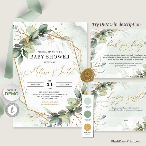 Green and Gold Baby Shower Invitation, TEMPLETT Invitation, Greenery Foliage Invitation, Gender Neutral, Lush Green Eucalyptus Baby SGGG62