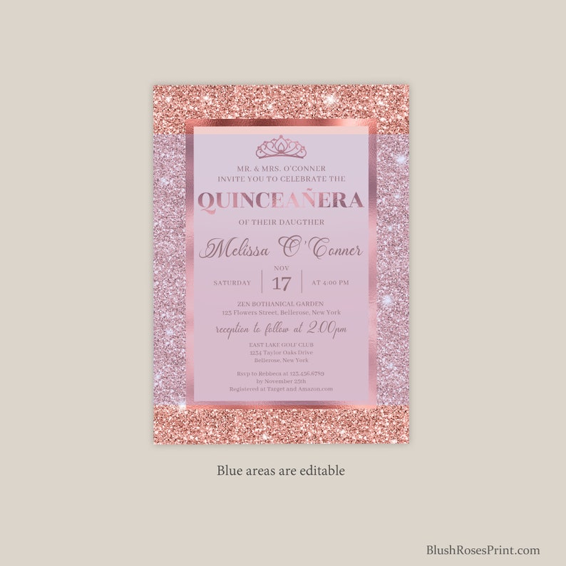Rose Gold Quinceanera Invitations Template Printable Sweet 15 Etsy