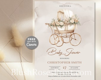 Boho Baby Carriage Baby Shower Invitation Template Canva Invite Watercolor Earthy Eucalyptus White Roses Bohemian Gender Neutral Baby Shower
