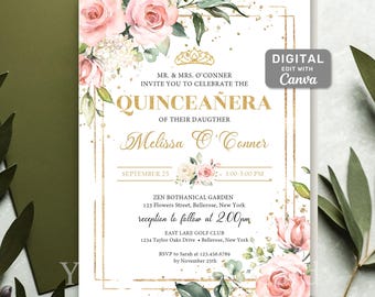 EDITABLE Blush pink roses gold geometric Quinceanera Invitation Template, Boho Pink and Gold princess tiara Sweet 15 Invitations DIGITAL #16