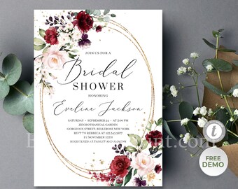 Blush and Burgundy Bridal Shower Invitation, Burgundy and Blush Invitation, Deep Marsala Roses, Faux Gold Oval, TEMPLETT INSTANT DOWNLOAD #9
