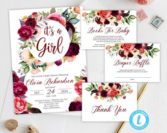 Boho Blush Burgundy Maroon It's A Girl Invitation Printable Template, Editable with CANVA Baby Shower Invite INSTANT DOWNLOAD ET51