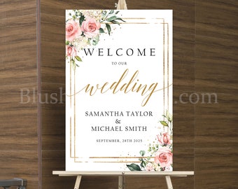 Blush Wedding Welcome Sign Template, Editable With TEMPLETT Sign, Boho Pink Floral Sign, Faux Gold Geometric Sign, INSTANT DOWNLOAD FRTY16