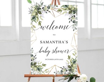 Boho Greenery Baby Shower Bienvenido Signo de Bienvenida, Editable Bienvenido Signo Imprimible Plantilla, DESCARGA INSTANTE Verde Eucalipto Hojas Cartel DIY GFGF30