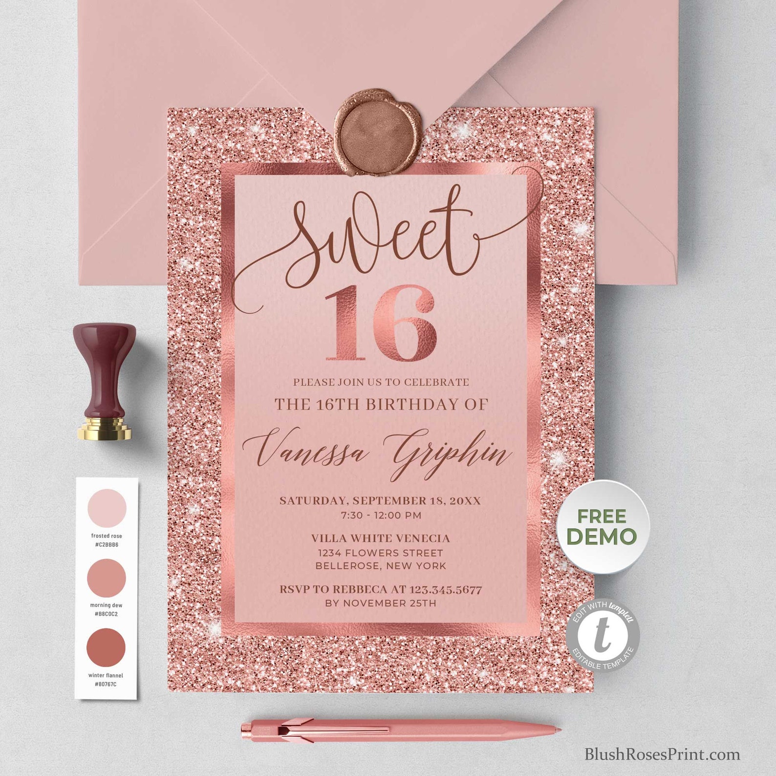 Rose Gold Sweet Sixteen Invitation Template Printable Sweet Etsy