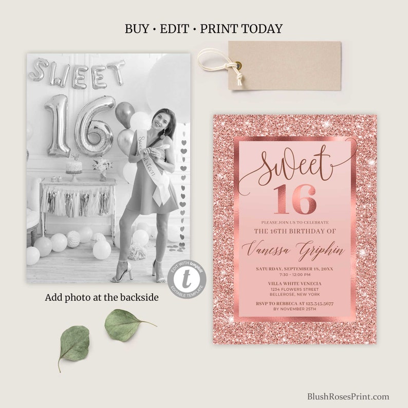 Rose Gold Sweet Sixteen Invitation Template Printable Sweet Etsy