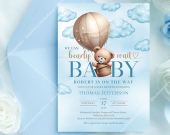 Editable We Can Bearly Wait Boy Baby Shower Invitation, Blue and Brown Teddy Bear Invitation Printable Template Download Boy Invite