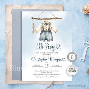 Watercolor Blue and Brown Boy Baby Formal Outfit Clothes Invitation Template Oh Boy Baby Shower Clothesline Invite Neutral Editable Minimal