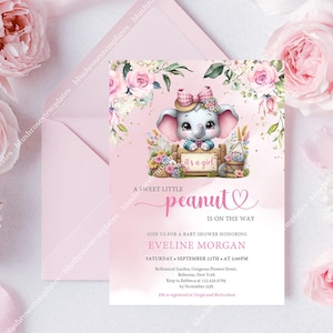 Puede incluir: Invitación de baby shower rosa con un elefante de dibujos animados y flores. El texto dice "A sweet little peanut is on the way" y "it's a girl". Incluye detalles para el baby shower de Eveline Morgan.