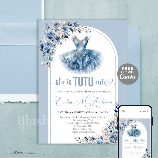 Fleurs bleu marine modifiables bohème et herbe de la pampa, elle est TUTU modèle d'invitation de baby shower mignon robe tutu robe ballerine inviter CANVA