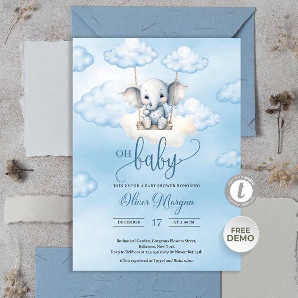 Editable Baby Shower Invitation, Baby Elephant on Swing, Boy Invitation, TEMPLETT Invitation, Watercolor, Blue Sky with Clouds, Cloud Nine