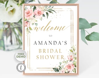 Blush Floral Bridal Shower Welcome Sign, Editable with TEMPLETT Sign, Pink and Gold Welcome Sign, INSTANT DOWNLOAD, Boho Welcome Sign FRTY16