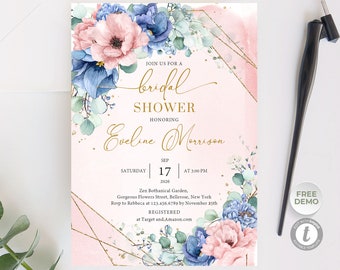 Dusty Blue Bridal Shower Invitation Template, Dusty Pink Rose Flowers Invitation, Printable Invitation, Boho Faux Gold Frame Invite DBDR134