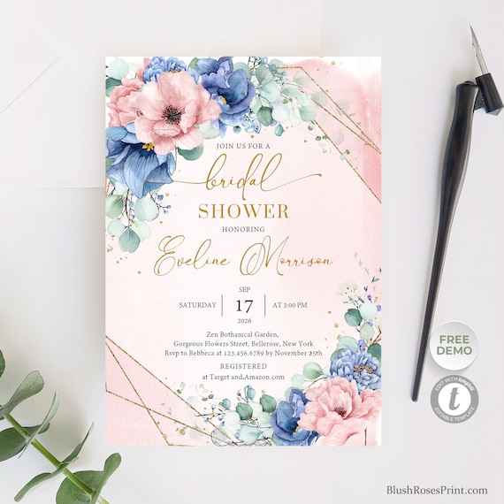 Dusty Blue Bridal Shower Invitation Template Dusty Pink Rose | Etsy