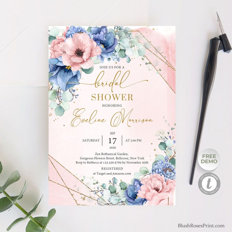 Dusty Blue Bridal Shower Invitation Template Dusty Pink Rose | Etsy