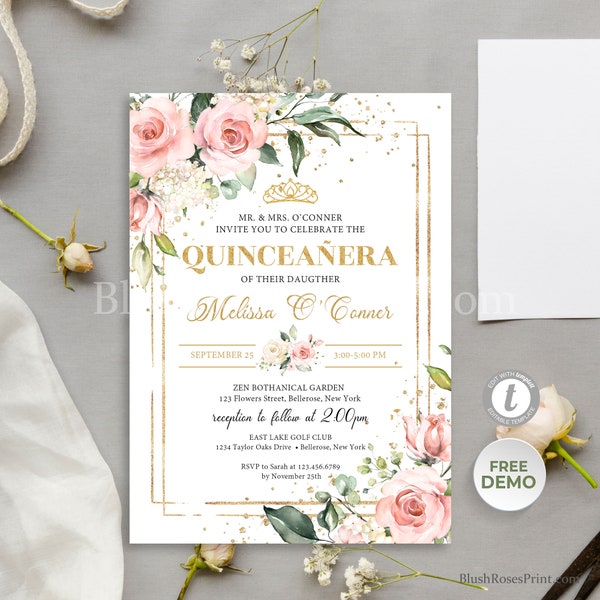 Blush Floral Quinceanera Invitation Template, Pink and Gold Crown Sweet 15 Invitations, INSTANT DOWNLOAD FRTY16