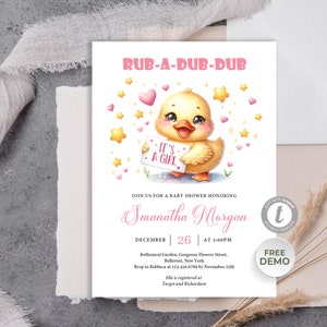 May include: A baby shower invitation with a cute cartoon duckling holding a sign that says "It's a girl". The background is pink and white with stars and hearts. The invitation is for Samantha Morgan and is scheduled for December 26th at 3:00 PM.