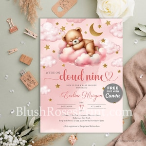 May include: Pink baby shower invitation with a cute teddy bear sleeping on a cloud. The invitation says "We're on cloud nine" and includes the name "Eveline Morgan".