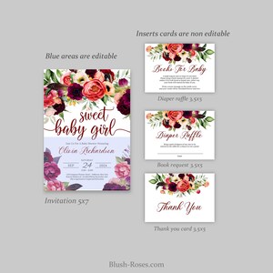 Puede incluir: Una invitaci&oacute;n imprimible para un baby shower con un dise&ntilde;o floral en tonos de rosa, rojo y morado. La invitaci&oacute;n dice "sweet baby girl" e incluye el nombre Olivia Richardson, la fecha 24 de septiembre de 2024 y la hora de 3:00 a 6:00. La invitaci&oacute;n tambi&eacute;n incluye una tarjeta de rifa de pa&ntilde;ales, una tarjeta de solicitud de libros y una tarjeta de agradecimiento.