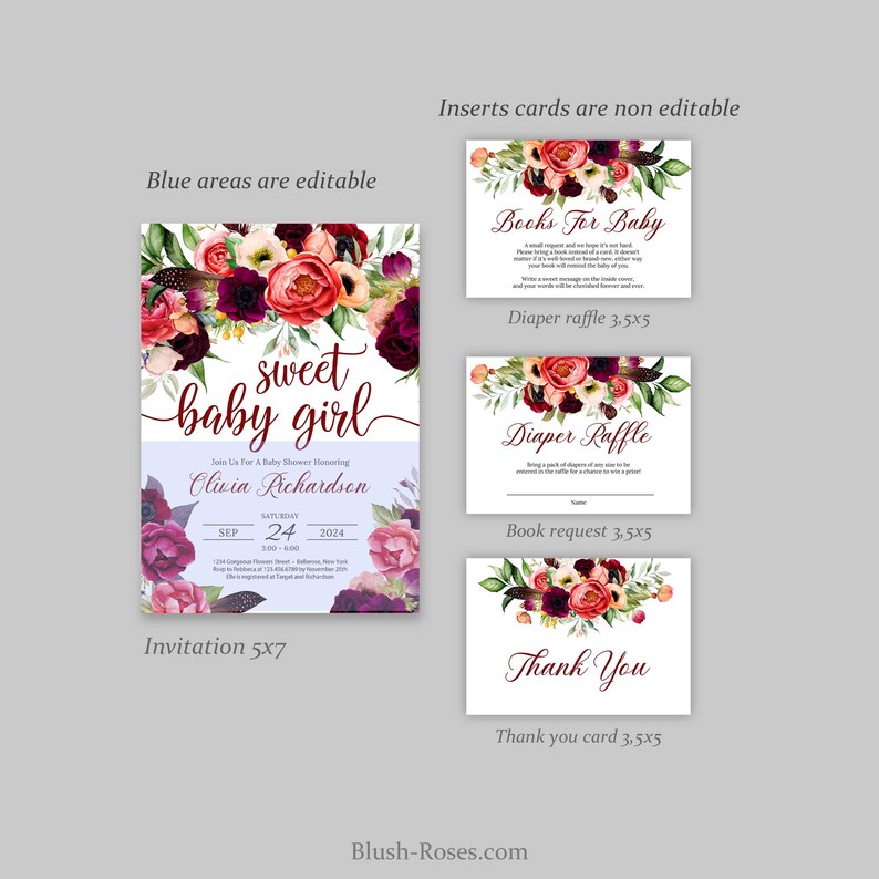 Puede incluir: Una invitaci&oacute;n imprimible para un baby shower con un dise&ntilde;o floral en tonos de rosa, rojo y morado. La invitaci&oacute;n dice "sweet baby girl" e incluye el nombre Olivia Richardson, la fecha 24 de septiembre de 2024 y la hora de 3:00 a 6:00. La invitaci&oacute;n tambi&eacute;n incluye una tarjeta de rifa de pa&ntilde;ales, una tarjeta de solicitud de libros y una tarjeta de agradecimiento.