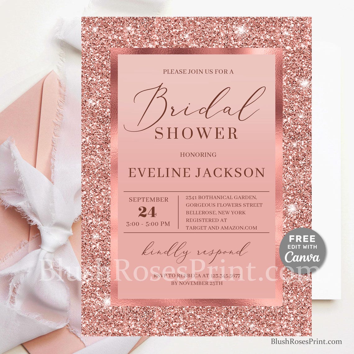Invit Rose EDITABLE Rose Gold Bridal Shower Invitation Template, Edit Online CANVA ...