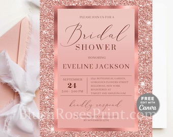 EDITABLE Rose Gold Bridal Shower Invitation Template, Edit Online CANVA, Glamour Bridal Shower Invite, Rose Gold Glitter Sparkles Printable