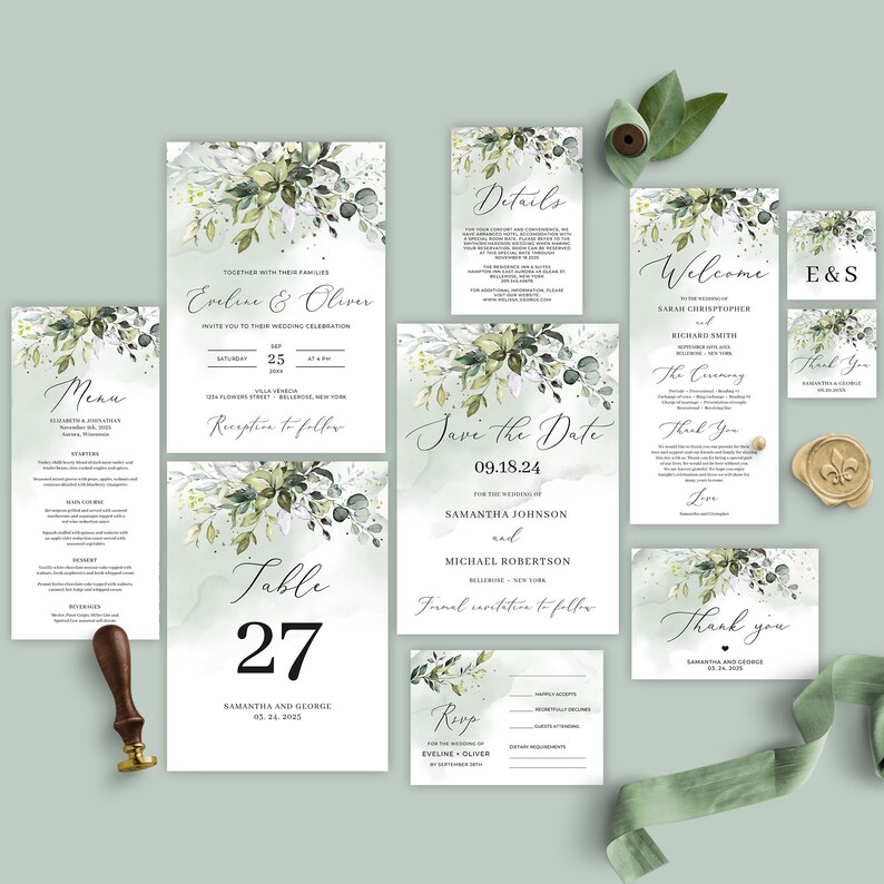 Green Foliage Wedding Eucalyptus GRFOL6 Greenery Wedding Editable Boho Wedding Suite Printable Wedding Invitation Set INSTANT DOWNLOAD