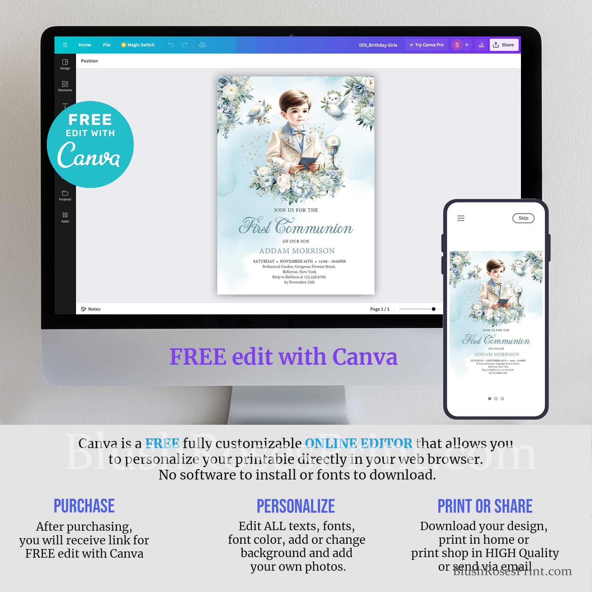 Editable Boy First Communion Invitation Template Watercolor Dusty Blue ...