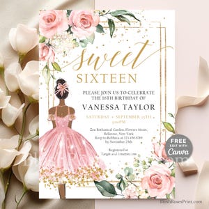 Può includere: Un invito Sweet Sixteen con un'illustrazione ad acquerello di una giovane donna in un abito rosa. L'invito presenta il testo "Sweet Sixteen" in oro, insieme ai dettagli dell'evento e agli accenti floreali.