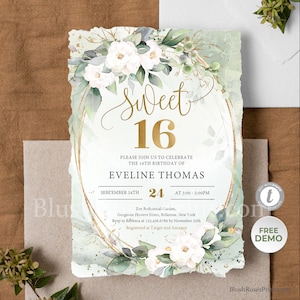 Greenery Sweet Sixteen Invitation Template, White Roses Sweet 16th Invitation Printable, Green and Gold Sweet 16th Invite, DOWNLOAD #57