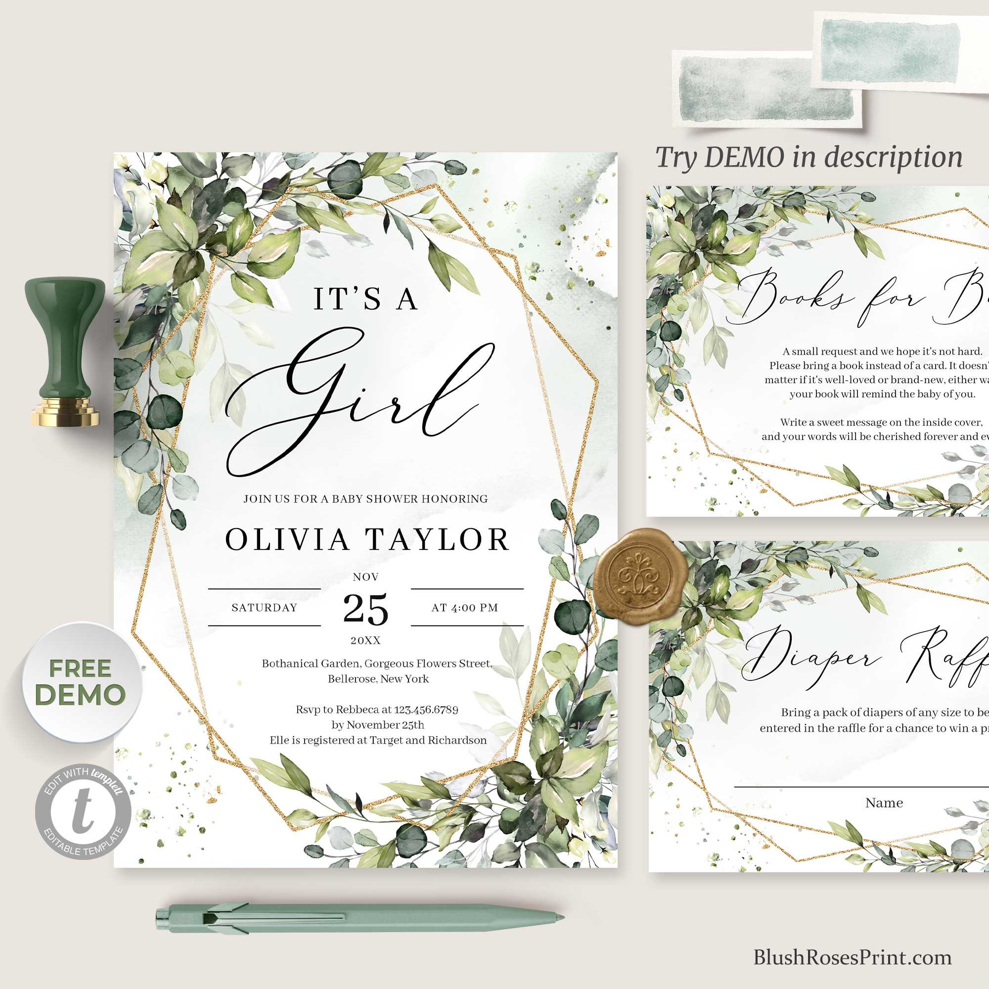 Greenery It's a Girl Invitation Template Edit Yourself | Etsy