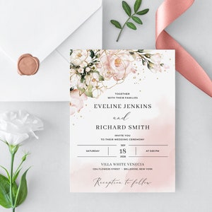 Blush Wedding Invitation Suite, DIGITAL DOWNLOAD, Boho Pink and Gold Floral, Printable Wedding Invitation Set, Rose Gold Wedding Set WATBLP7 image 8