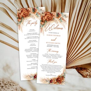 Terrakotta Hochzeitsprogramm Vorlage, bearbeitbar Boho Tropical Zeremonie Programm, SOFORT DOWNLOAD, Burnt Orange Pampas Gras Programm # 147