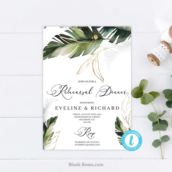 Tropical Leaves Wedding Reharsal Dinner Invitation Template | Etsy