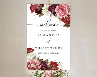 Blush Burgundy Peonies Wedding Welcome Sign Template, Editable Welcome Sign for Wedding, Burgundy and Blush Mauve Flowers, Porch Sign #137