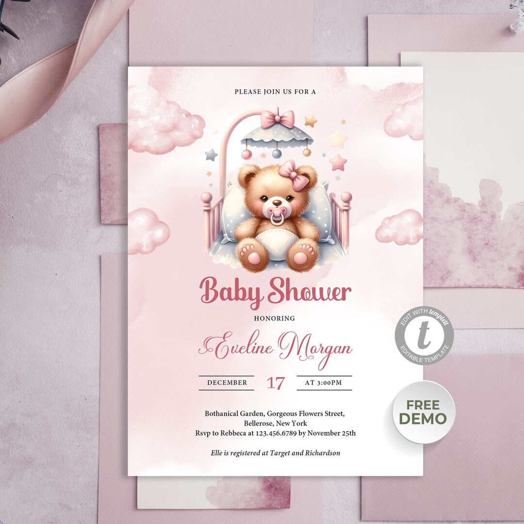 Buy Fully Editable Baby Shower Invitation for Girl, Pink Teddy Bear ...