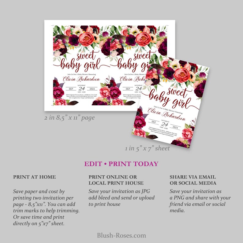 Puede incluir: Invitaci&oacute;n de baby shower imprimible con un dise&ntilde;o floral en tonos rosa, rojo y burdeos. El texto dice "Sweet Baby Girl" e incluye el nombre "Olivia Richardson" y la fecha "24 de septiembre de 2024".