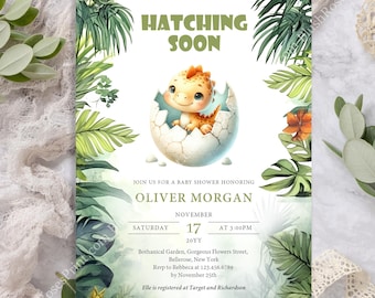 Editable hatching soon dinosaur Boy Baby Shower Invitation Template, Printable Invitation, Canva watercolor baby dino Invites Cute Animal