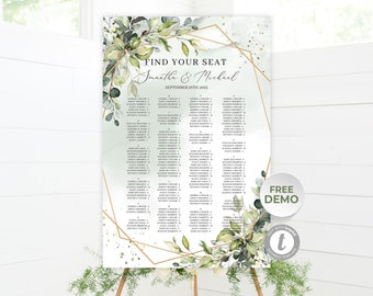 Greenery Alphabetical Wedding Seating Chart, Boho Seating Chart Template, Green and Gold Geometric Seating Sign, Eucalyptus DOWNLOAD GFGF36